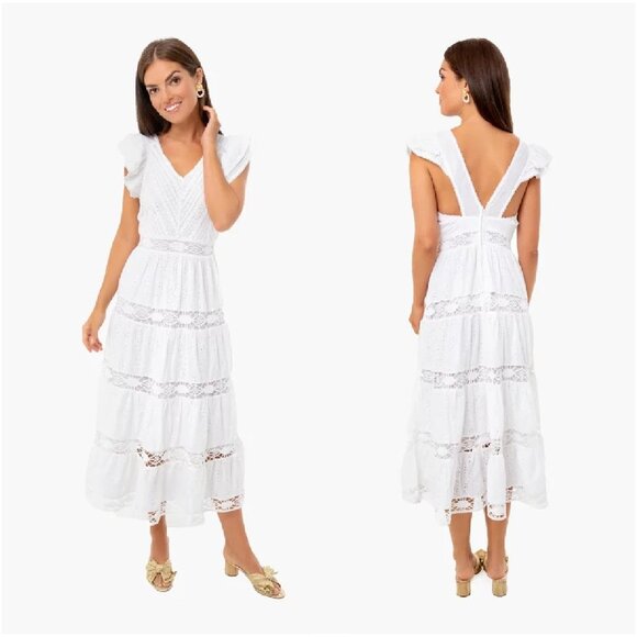 Sea New York Women's White Lea Flutter Sleeve Midi Dress Eyelet Lace sz 0 NWT - Picture 1 of 12